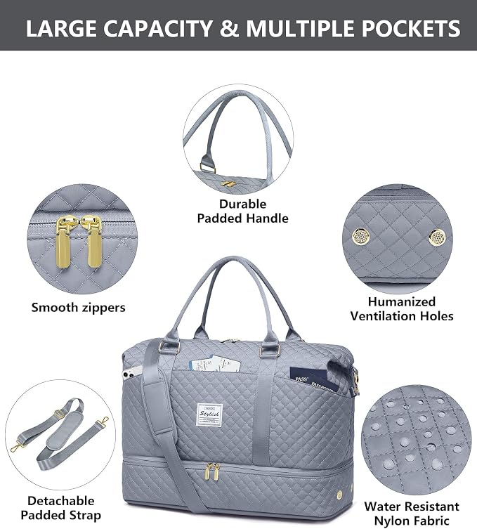 Travel Overnight Bag Weekender Bags- Duffle Bags Women with Shoe Compartment Carry on Overnight Bag with Toiletry Gym Duffel with Wet Pocket Hospital Bags Grey - Image 4