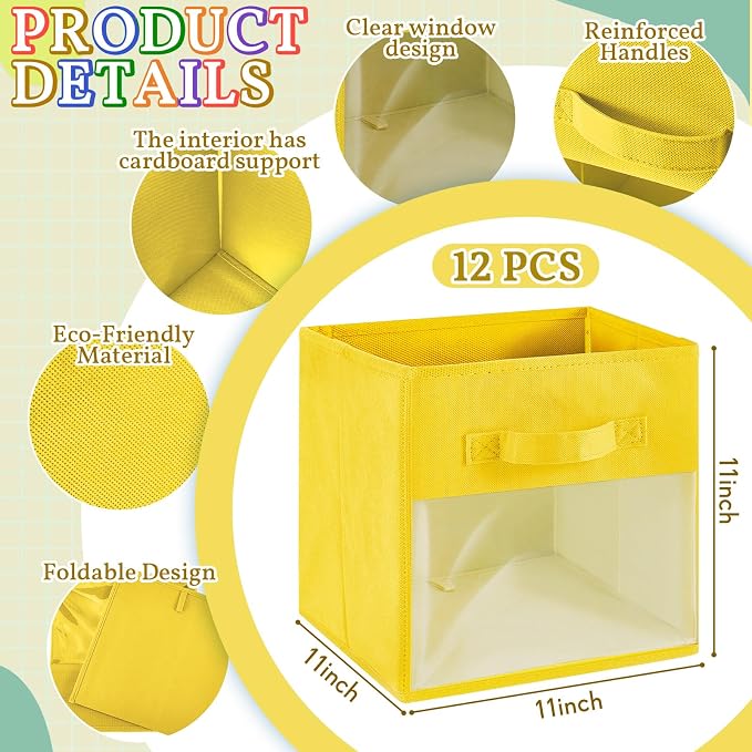 Marsui 12 Pcs Clear Cube Storage Bins Rainbow Colored Collapsible Kids Storage Bins Fabric Classroom Organizer with Window for Kid Playroom Room Daycare Nursery - Image 2