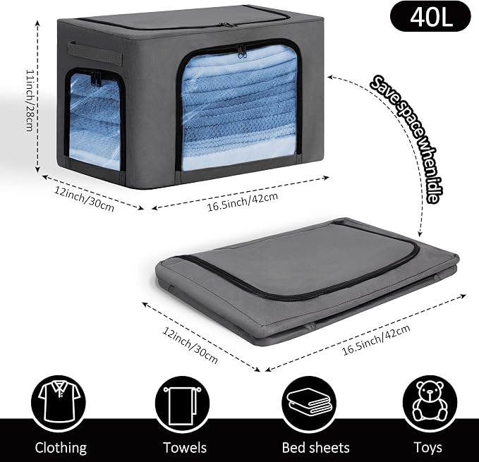 GuliPostan 3 Pack 40L Stackable Clothes Storage Bins with Metal Frame Handles & Zipper, Collapsible Closet Organizer Box with Lid for Bedding Blankets Towel (Dark Grey) - Image 3