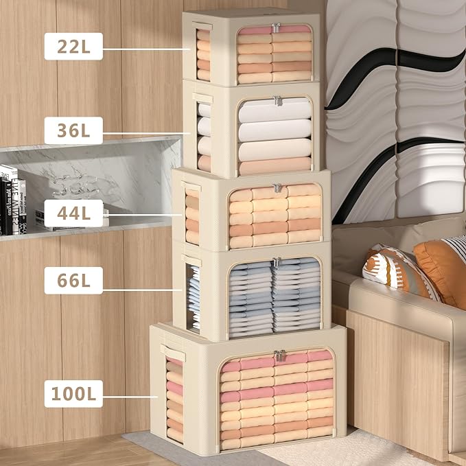 3Pack Frame Storage Box - Clothes Storage Bin Bags Oxford Fabric Foldable Stackable Container Organizer Set with Clear Window & Carry Handles Large Capacity (Beige, Small-22L) - Image 4