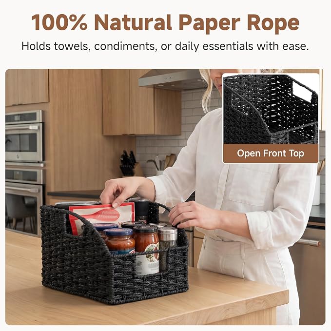 StorageWorks Pantry Organizers and Storage, Black Wicker Baskets, 2-Pack | Paper Rope Wicker Baskets with Handles, Handwoven Pantry Baskets for Shelves,Wicker Storage Baskets for Shelves,Black Baskets - Image 4