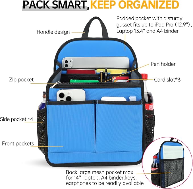 DELTAMANN Large Premium Wider Rugged Backpack Organizer Insert for Men Women Work Travel -19 Pockets, Padded Nylon-Blue - Image 5
