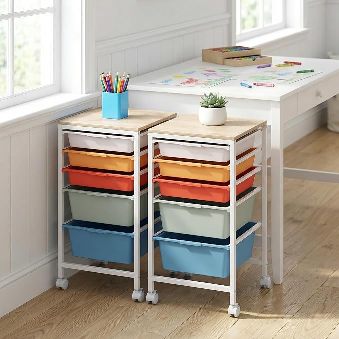 Rolling Storage Cart with 5 Drawers, Plastic Craft Organizer on Wheels with Wooden Top, Mobile Art Supply Utility Cart for Classroom, Home, Office - Image 9