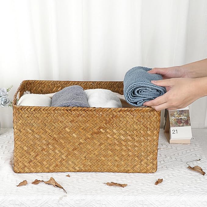 Hipiwe Seagrass Storage Baskets Bin for Shelf, X-Large Woven Wicker Basket | Rectangular Closet Bedroom Organizer Built-in Handles, Multipurpose Pantry Basket Bin, Caramel Color - Image 4