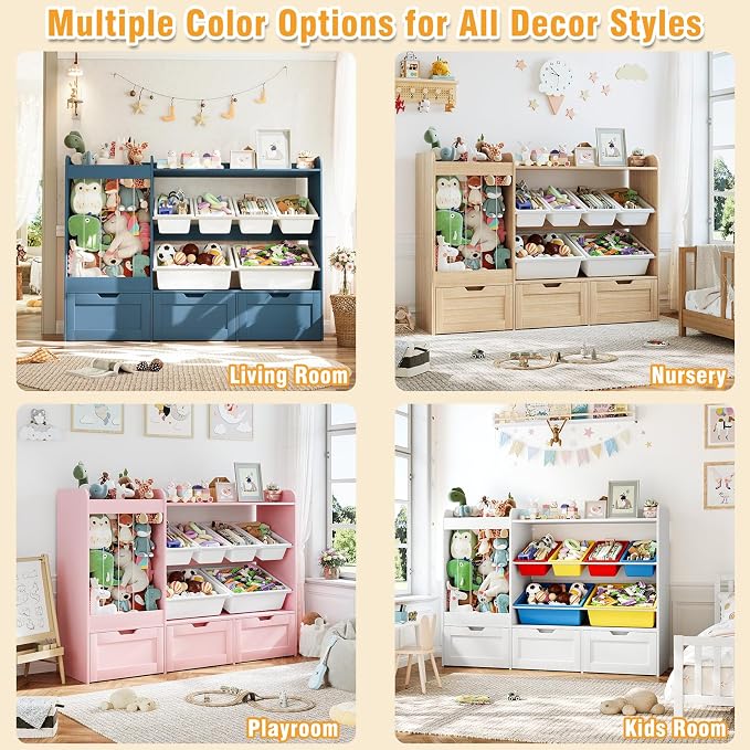 VontinT 50.6" W Wooden Toy Organizer with Stuffed Storage & Bins & Drawers | Large Storage Cabinet with 6 Plastic Bins, 3 Rolling Drawers, 140L Stuffed Animal Zoo, Toddler Shelf for Kids Playroom, Pink - Image 8