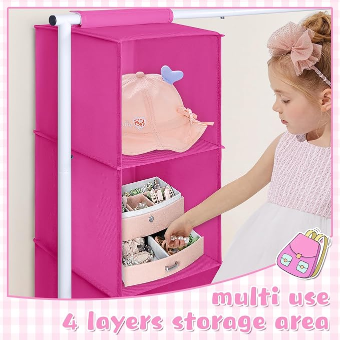 Univivi Kids Clothing Rack with Hanging Organizer, Rose Red and White | Toddler Dress Up Storage with Bottom Shelf, Sturdy Metal Baby Clothes Rack, Dress Up Rack for Nursery, Playroom, Bedroom - Image 4