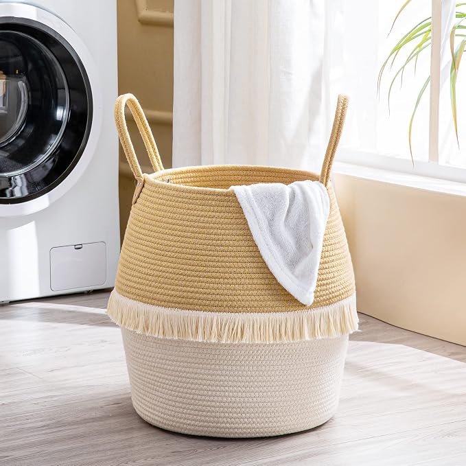 KAKAMAY Woven Baskets for Storage(17"x17"),Large Cotton Rope Woven Baby Laundry Hamper,Collapsible Laundry Basket, Blanket Basket for Organizing Living Room,Nursery,Pillows,Toy Chest(Beige) - Image 4