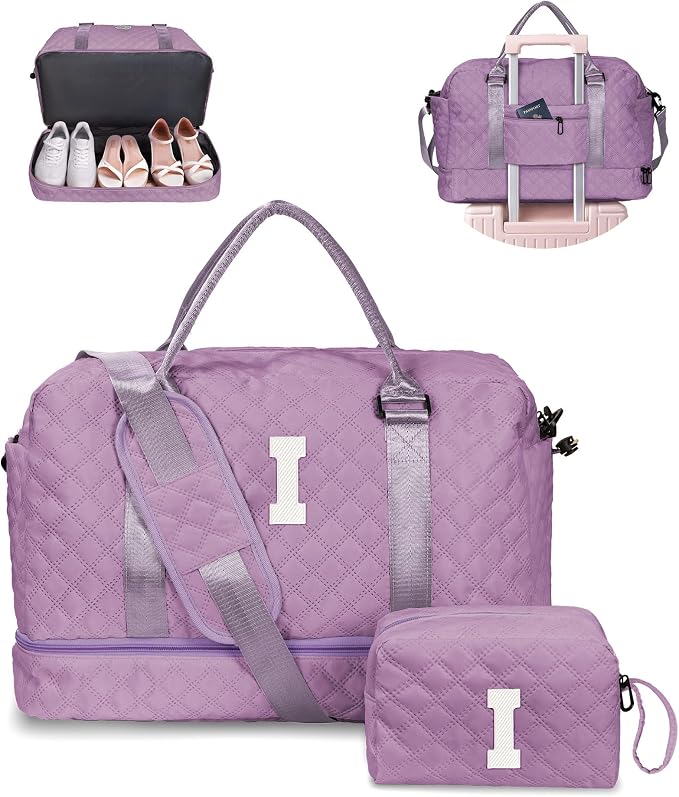 Gifts for Friends-Initial Duffle Bag with Shoe Compartment | Personalized Weekender Bag, Monogram Overnight Bags, Travel Bags with Makeup bag，Birthday Gifts for Daughter Sister(Letter I) by Vogewood