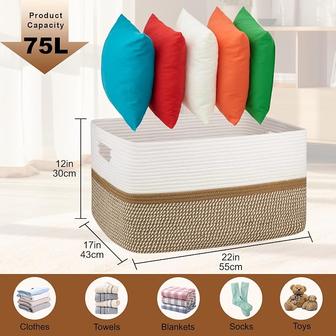 OIAHOMY Blanket Basket Laundry Basket Dog Toy Basket 75L Yellow/White | Large Storage Basket,Baby Basket,Toy Storage,Woven Rope Basket for Blankets,Blanket Storage for Living Room - Image 3