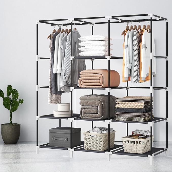 Portable Closet, Bedroom Wardrobe Closet for Hanging Clothes | 2 Hanging Rods, 8 Storage Organizer Shelves, Pipe Diameter 16mm, Durable and Easy to Assemble, Grey - Image 3
