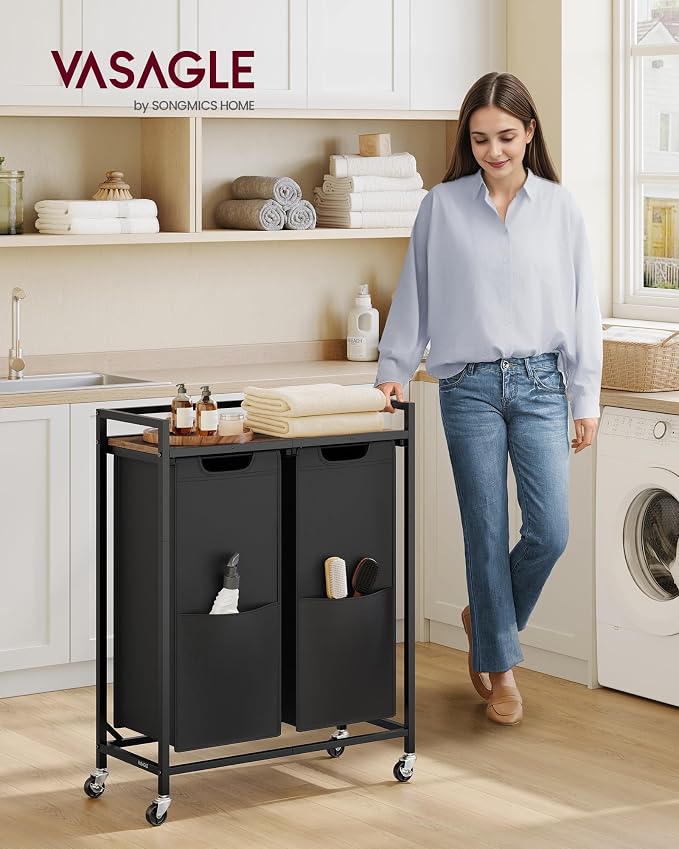VASAGLE Laundry Sorter, 29 Gal. (110 L) Laundry Hamper Basket with 2 Compartments, Rolling Cart with Wheels, Shelf, Removable Bags, Pockets, Ink Black and Rustic Brown UBLH021B01 - Image 2