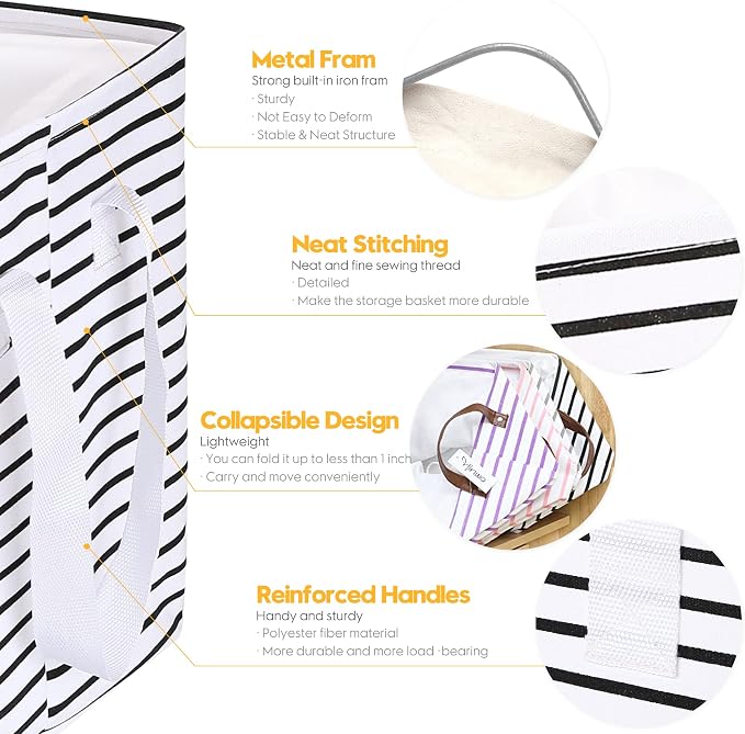 Hinwo 102L XXL Canvas Storage Bin with Lid and Handles, 4-Pack | Collapsible Fabric Baskets, Closet Shelf Organizers, Containers for Clothing, Blankets, Toys, Bedding (Black Stripe) - Image 6