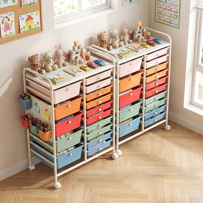 DREAMADE 15-Drawer Rolling Storage Cart, Craft Organizer Cart, Macaron | Mobile Utility Cart with Metal Pegboard Panels, Tabletop and Lockable Wheels for Classroom, Office, Studio and Playroom - Image 9