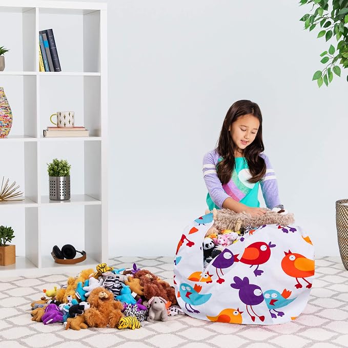 Posh Creations Stuffable Kids Stuffed Animal Storage Bean Bag Chair Cover - Childrens Toy Organizer Medium 27" - Canvas Birds on White - Image 6
