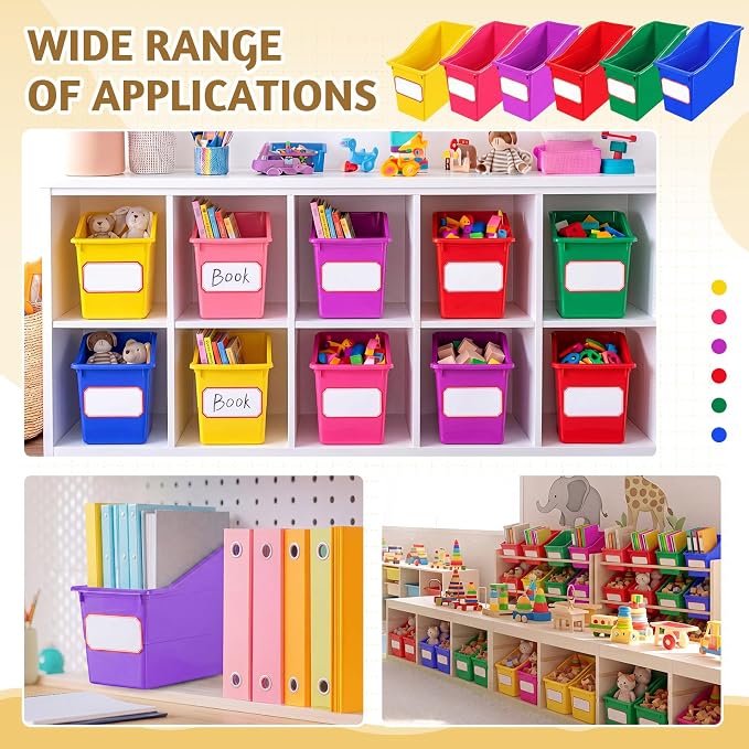 Teling 36 Pcs Book Bins Bulk for Classroom Storage Plastic Magazine Holder with Label Interlocking File Folder Organizer Binder Container Box for School Office Desktop Bookshelf Home (Rainbow Bright) - Image 5
