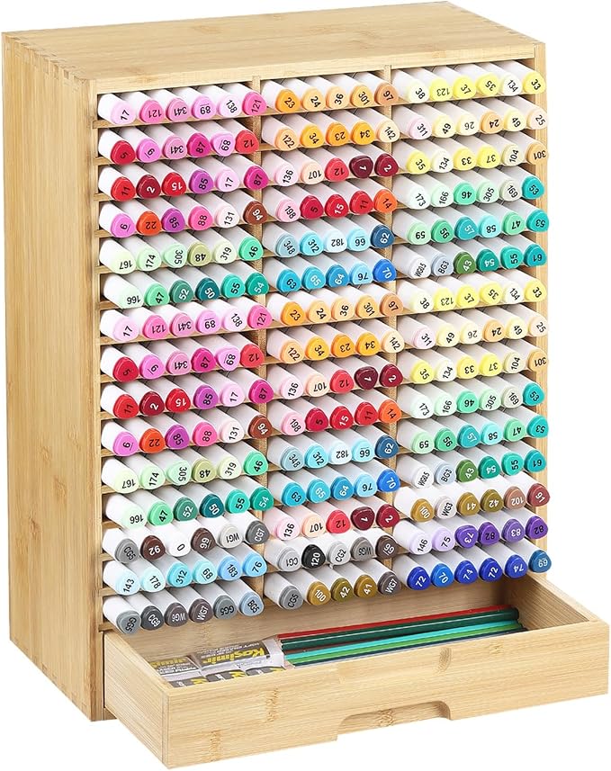 AUTOARK Bamboo Marker Organizer for 225 Markers,AHK-063 | Desktop Storage with Drawers,Art Markers Pens Pencils Brushes,Stationary Organizer by AUTOARK