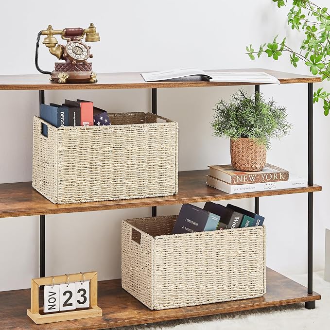 Wicker Storage Basket, Set of 2 Hand-Woven Paper Rope Wicker Basket, Small Storage Baskets for Organizing Toilet Paper Basket, Foldable Large Cube Storage Organizer Bins for Shelves (Beige) - Image 3