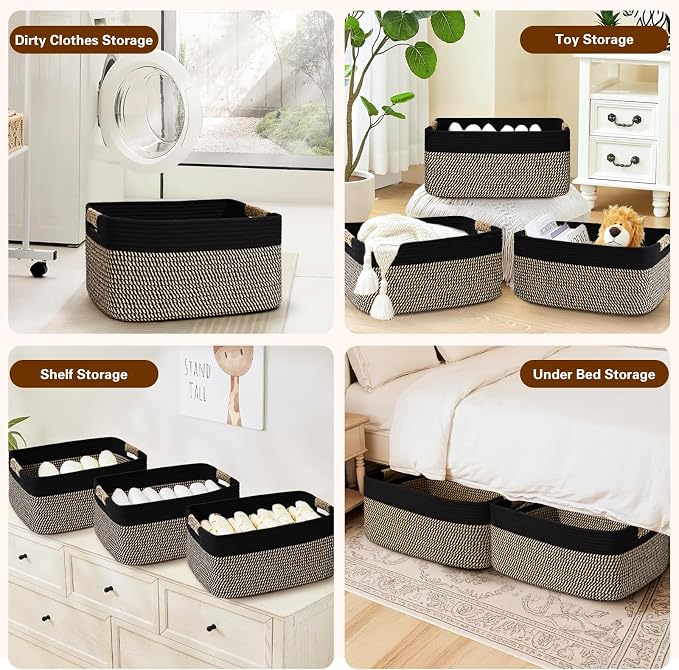 2 Pack Large Storage Basket for Organizing, 17.5"x13"x7" Woven Basket for Shelves, Closet Cube Storage Bins with Wrapped Handle, Cotton Rope Baskets for Kitchen, Clothes, Toys(Black & Brown) - Image 7