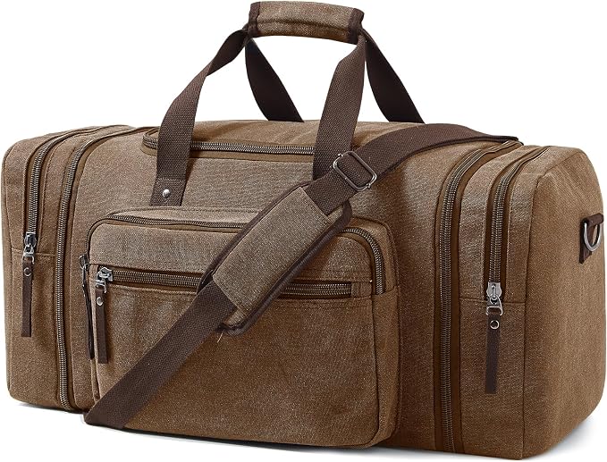 EKOROMIER Large Canvas Duffle Bag for Travel, Expandable 70L Weekender bags | Features Luggage Trolley Sleeve, Multi-Pockets for Traveling, Durable Overnight Carry-On Bag for Men & Women - Coffee by EKOROMIERHOME