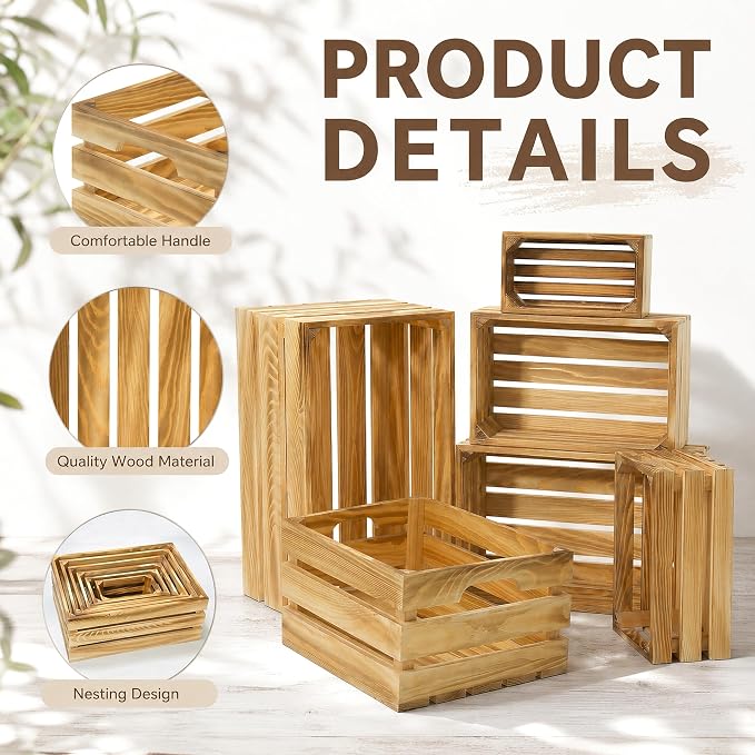 Wooden Crates for Display 6 Pack Nesting Crates for Weddings and Decor | Six Nesting Pine Crates with Cutout Handles for Wedding Displays, Farmhouse Decor, Storage, Farmers Markets, and DIY - Image 4