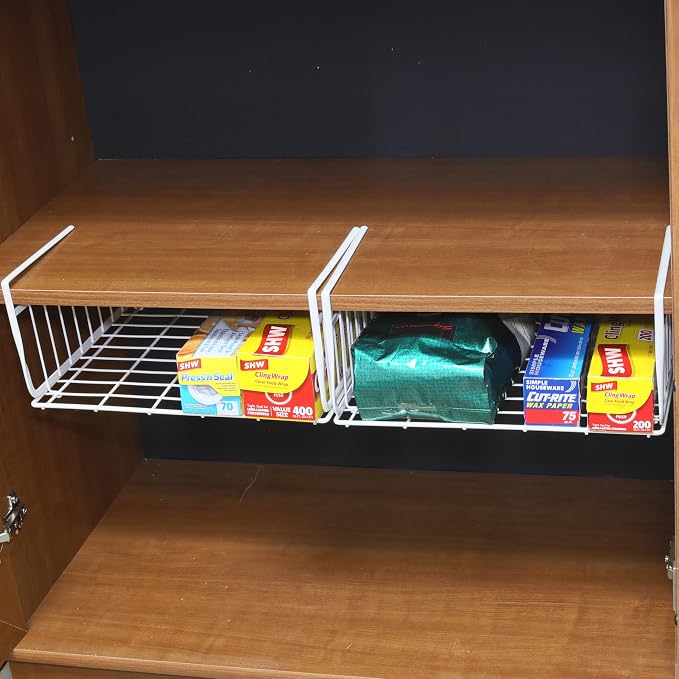 Simple Houseware 2-Pack Under Shelf Wire Metal Basket Shelf, White | Space-Saving Storage Organizer for Kitchen, Pantry, Closet, Office, No Tools Required - Image 5