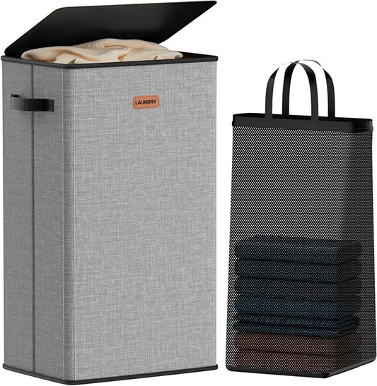 100L Laundry Hamper with Lid, Large Clothes Hampers with Removable Bag, Collapsible Laundry Basket for Bathroom, Bedroom, Laundry Room, Dorm, Grey by Vexalora