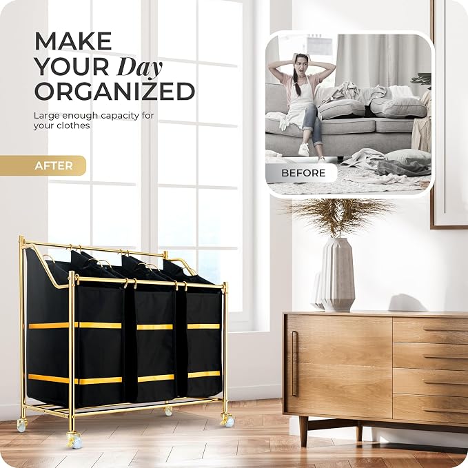 LUXURY STYLE Laundry Hamper, 3-Section Rolling Laundry Sorter Cart with Wheels, Modern Golden Hamper with 3 Bags for Clothes, Toys, and Towels - Image 2