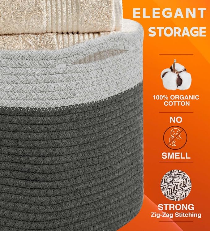 CHAT BLANC Cotton Rope Baskets for Organizing I Storage Baskets for Shelves | Rope Basket for Storage, Small Laundry Baskets, Woven Baskets for Storage, Dog Toy Bin, Baby Basket, Gray & Graphite 3Pack - Image 2
