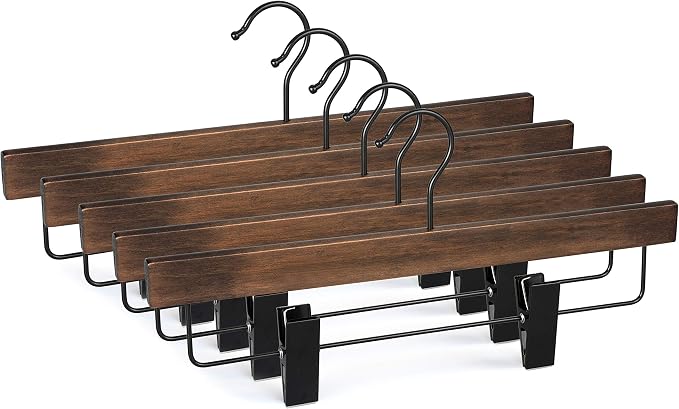 TOPIA HANGER Pants Hangers, Wooden Skirt Hangers with Adjustable Metal Clips, Premium Retro Finish and 360° Swivel Black Hook, Jean Hangers for Closet,10 Pack, CT03A by TOPIAHANGER