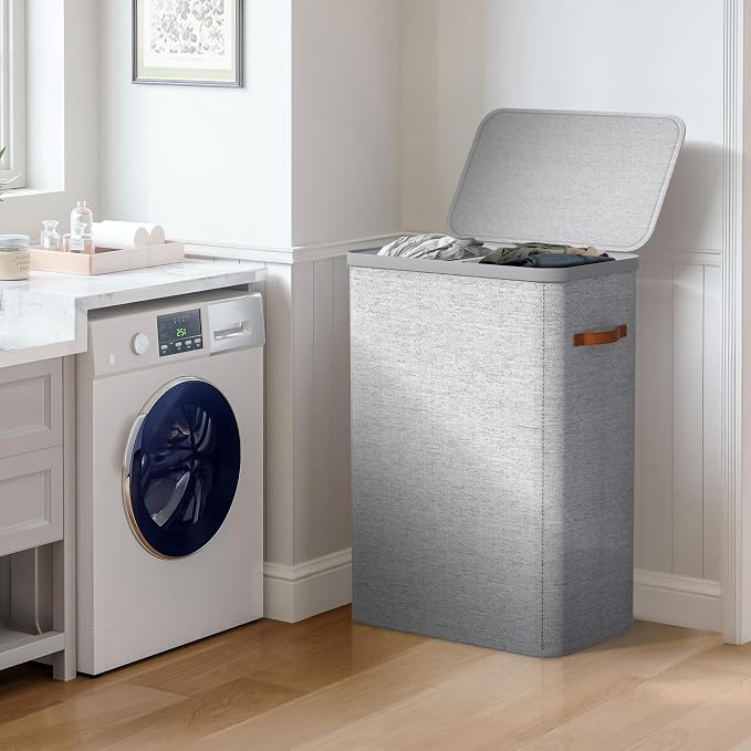 Sorbus Laundry Hamper with Lid - Collapsible 2-Compartment Fabric Laundry Basket with Handles and Removable Laundry Bag – 45 Gallon (170 L) Dirty Clothes Hamper for Bedroom, bathroom and dorm (Gray) - Image 3
