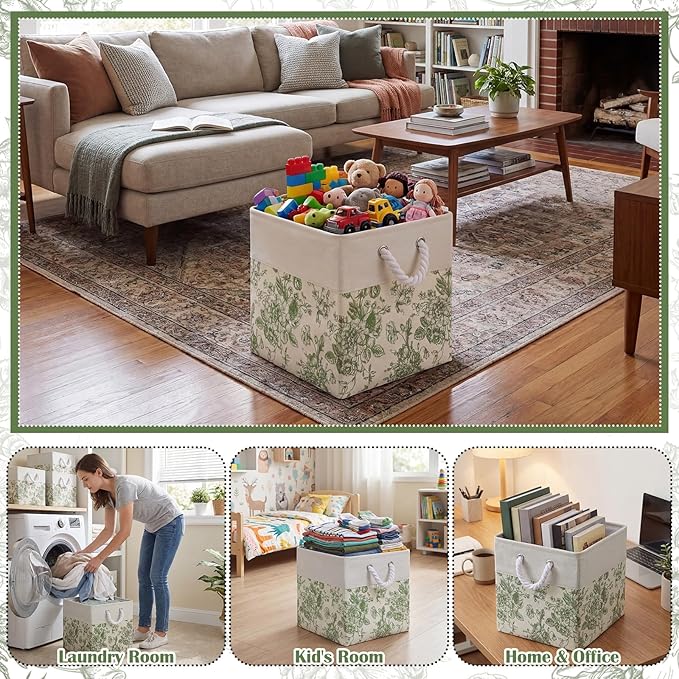 LemonRoad 6 Pcs Sage Green Cube Storage Bins 11.22 Inch Square Storage Basket with Handle Preppy Girl Organizer Basket Collapsible Fabric Box for Classroom Bedroom Office Home Decoration Gift - Image 6
