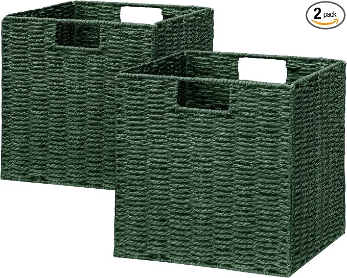 Wicker Storage Basket, Set of 2 Hand-Woven Paper Rope Wicker Basket, Foldable Cube Storage Bins, 9 inch Square Storage Baskets for Organizing Shelves & Decor, Green (9″×9″×9″) by Vagusicc