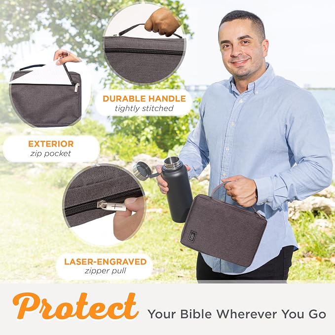 Christian Art Gifts Men & Women’s Bible Cover – Gray Canvas, Large Size with Jesus Fish Symbol – Durable, Inspirational Scripture Case with Zipper Closure, Handle, Pen Loop & Storage Pockets - Image 5