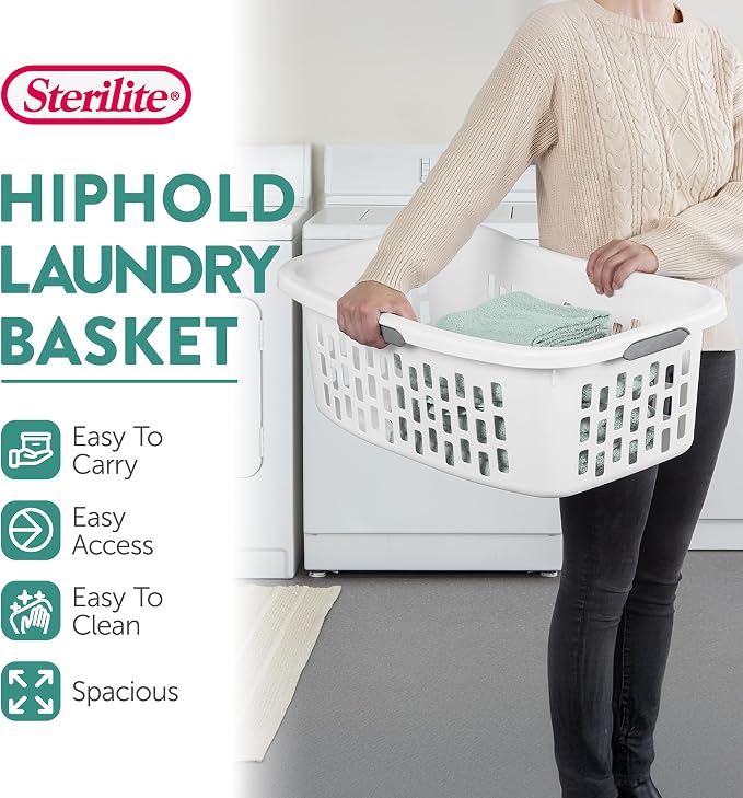 Sterilite HipHold Laundry Basket, Plastic Rectangle Clothes Hamper, 6 Pack | 1.5 Bushel Capacity, White, Bin with Comfort Grip Handles & Reinforced Rim - Image 3