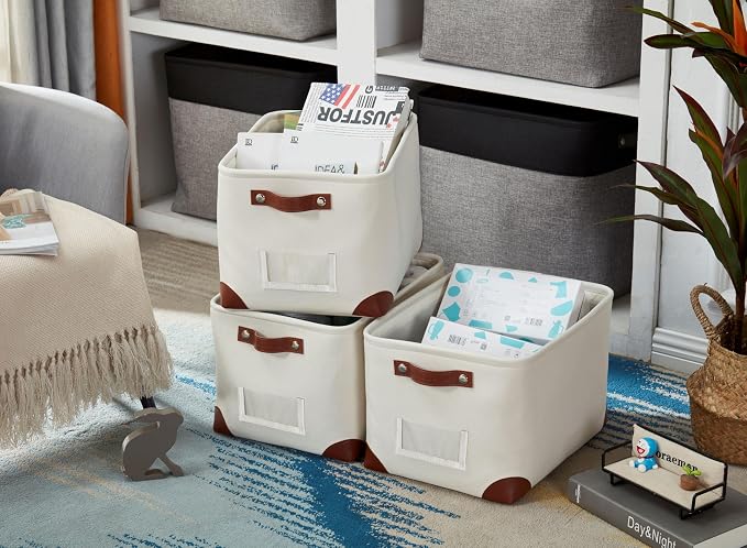 DECOMOMO Storage Bins, Large Fabric Storage Baskets for Shelves 3 Pack | 15 x 11 x 9.5 inches Decorative Linen Closet Organizers with Handles (Creamy White) - Image 8