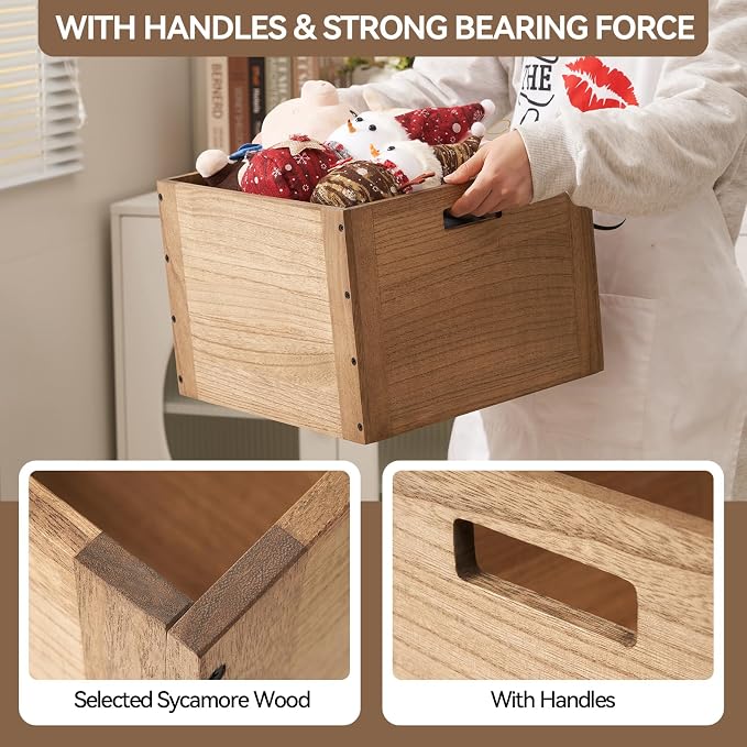 KIRIGEN Stackable Wood Storage Cube with Handles, Open Crate Bin, Brown | Wooden Box and Open Front ,Stackable for Books, Clothes, and Closet Storage, Assembly Required, 14.17 x 14.17 x 10.31 Inch - Image 7
