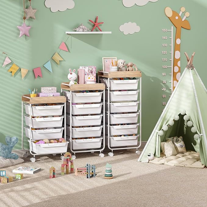 SYKIARIOL Rolling Cart with 5 Drawers,Art Craft Cart,White | Storage Utility Cart with Wheels,Makeup Organizer With Wooden Tabletop - Image 8