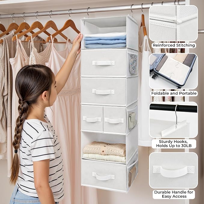 GRANNY SAYS Hanging Closet Organizer, 5 Drawers, 6 Shelves, 6 Pockets | Hanging Closet Organizer with 5 Different Drawer Designs, 6 Shelves & Reinforced Structure for Organized Small Space, Whites - Image 4