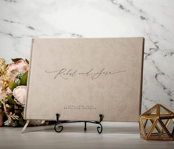 Personalized Guestbook in Taupe - Premium Custom Modern Guest Book for Wedding Reception, Birthday Party or Events w/Bookmark Blank Pages for Signing 11.5 x 8.5 inches - Image 7