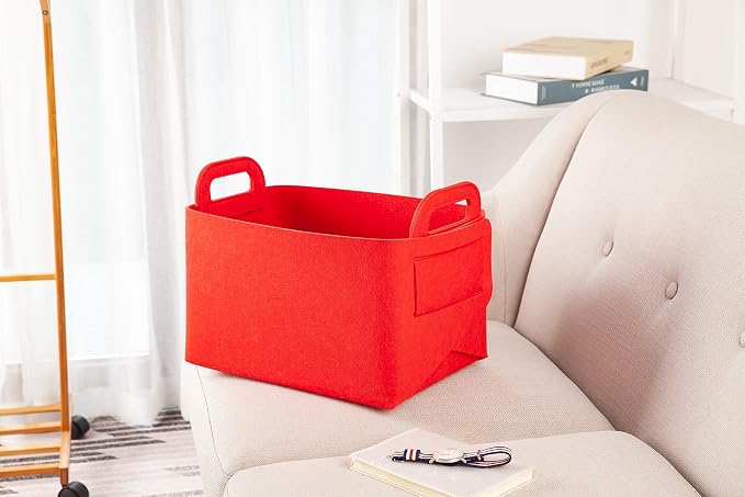 Minoisome Storage Basket Felt Storage Bin Collapsible& Convenient Box Organizer with Carry Handles for Office Bedroom Closet Babies Nursery Toys Laundry (Red, 13.8inch（L）×9.5inch（W）×8.3inch（H）) - Image 2