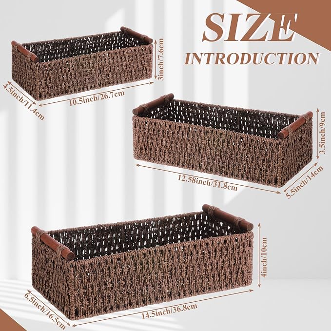 Boao 3 Pcs Boho Storage Wicker Baskets Handmade Woven Decorative Paper Rope Baskets for Organizing with Handle Countertop Toilet Paper Storage Container for Toilet Tank Top(Brown,Rectangle) - Image 2
