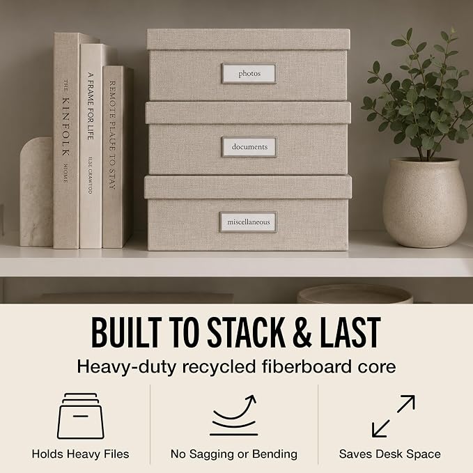 Bigso Oskar Fiberboard Label Frame Document Letter Box for Important Paperwork A4 or Letter Size - Durable Keepsake Box with Lid and Metal Label Holder - 3.3in x 10.2in x 13.8in - Melange Beige - Image 3
