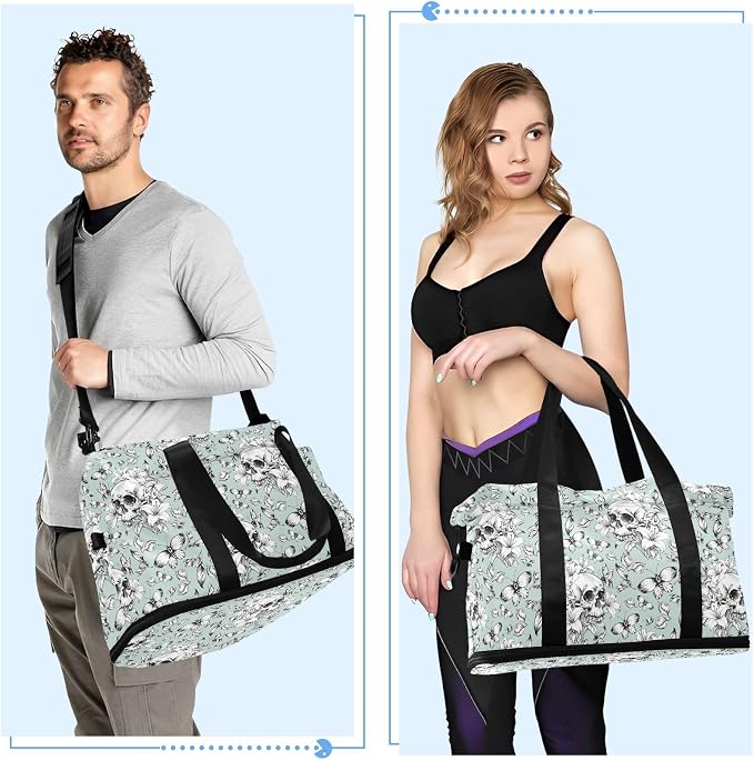 MNSRUU Travel Duffel Tote Bag Vintage Goth Skull Sports Duffel Bag with Wet Pocket Weekender Overnight Bag for Women Men Gym Bag, Carry On Bag Hospital Bag for Labor & Delivery - Image 5