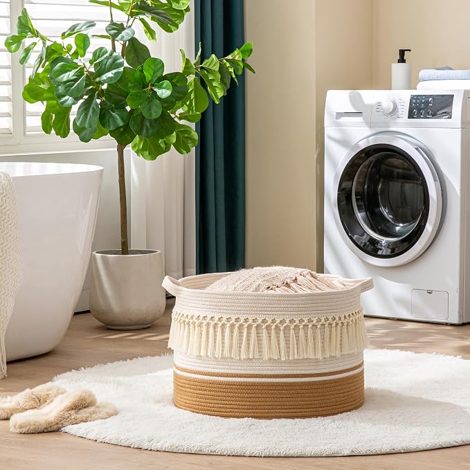 KAKAMAY Large Blanket Basket (20"x13"),Woven Baskets for storage Baby Laundry Hamper, Cotton Rope Blanket Basket for Living Room, Laundry, Nursery, Pillows, Baby Toy chest (White Fringe) | Extra Large Capacity | Natural Cotton Rope | Blanket Storage | ... - Image 5