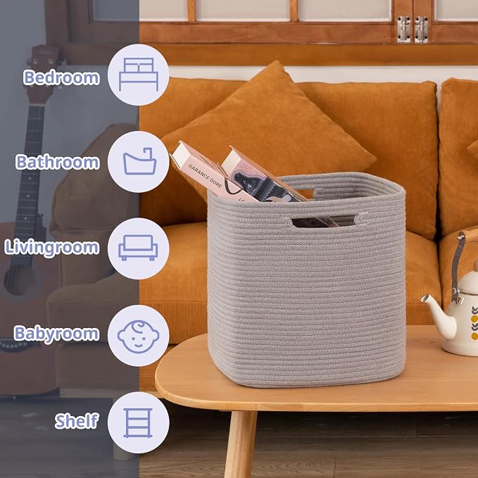 OIAHOMY 2 PACK Cube Storage Bin 13 Inch Collapsible Storage Cube Grey | Cube Storage Organizer Storage Bins for Shelves Baskets for Organizing Woven Rope Storage Baskets - Image 4