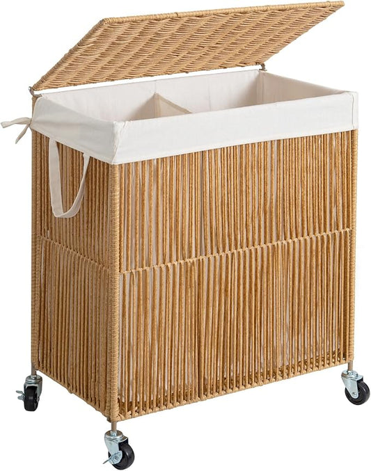 WOWLIVE Rolling Laundry Basket Wheels, Handwoven Laundry Hamper with Lid | Double Clothes Hamper with Divided Removable Bag, 115L Large Laundry Sorter 2 Section, Laundry Room Organization, Natural by WOWLIVE