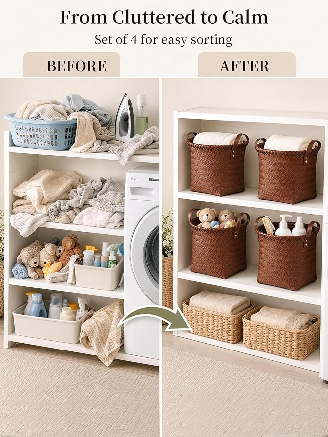 Wicker Storage Baskets, 4 Pack Woven Baskets for Shelves, Brown | PP Rattan, Water-resistant Wicker Basket, Large Baskets with Faux Leather Handles for Blanket, Laundry Organizer, Room Decor - Image 4