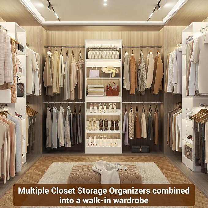 Unikito 4-8Ft Wood Closet Organizer System with Extendable Rods, White | Starter kit with tower and 4 hanging rods, walk-in closet wardrobe clothes rack with adjustable shelves, garment rack. - Image 6