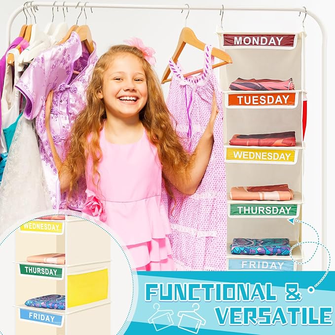 2 Pcs 7 Shelf Weekly Clothes Organizer for Kids Hanging Closet Organizer 11. 8 x 11. 8 x 50 Inches Daily Activity Kids Clothes Storage Drawers Cube Drawers Closet Hanging Shelves(Beige) - Image 5
