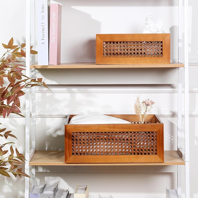Rattan Wooden Box Set of 4 Handmade Decorative Storage Basket with Handles | Natural Bamboo Woven Storage Basket Rustic Farmhouse Decor Home Office Tabletop Shelf Drawer Closet Desk Organizer, Brown - Image 8